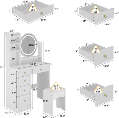White Vanity Set with round Lighted Mirror, Makeup Vanity Dressing Table with 5 Drawers, Shelves, Dresser Desk and Cushioned Stool
