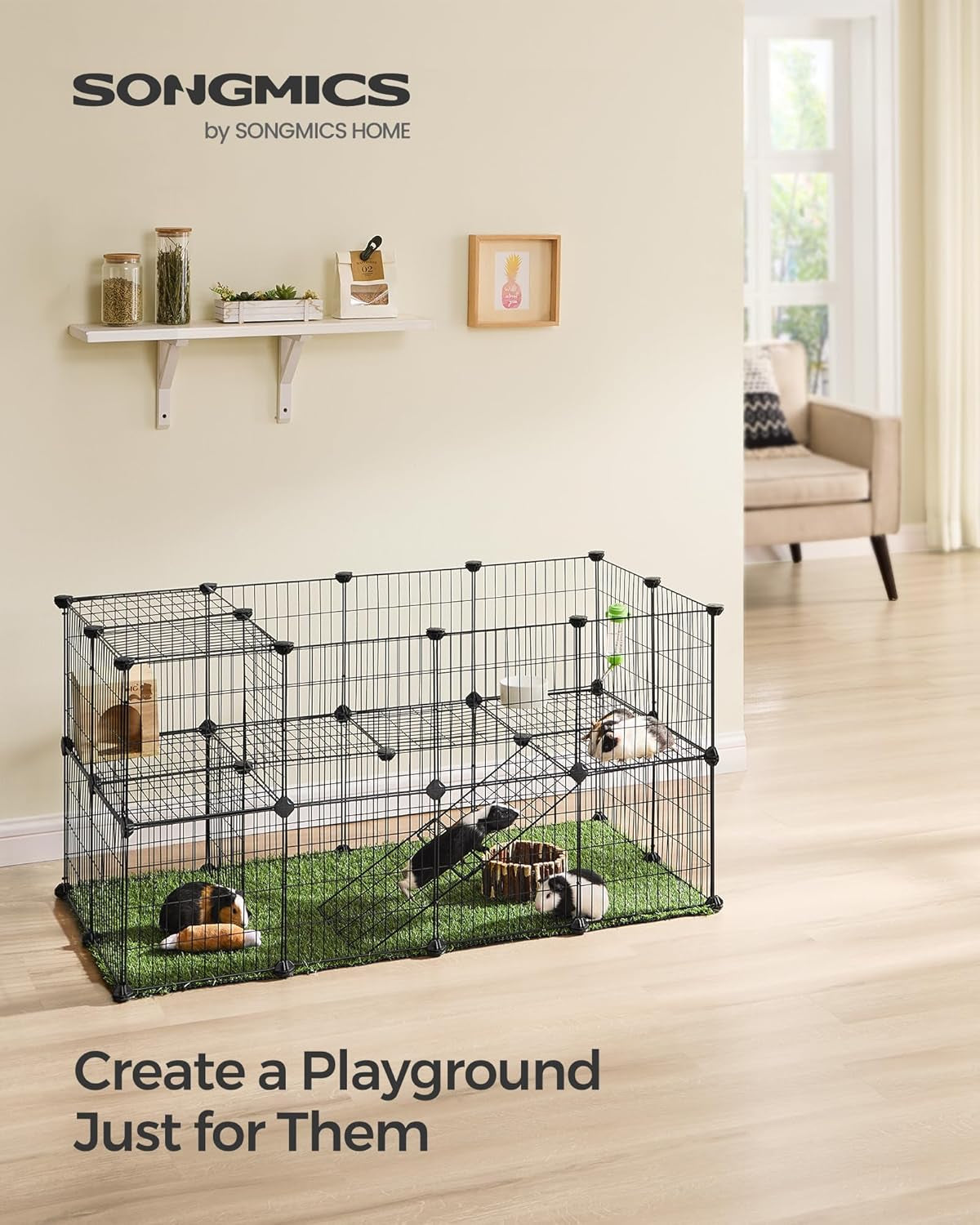 36 Panels Pet Playpen, Small Animal Playpen, Rabbit Guinea Pig Cage, Zip Ties Included, Metal Wire Apartment-Style Two-Story Pet Premium Villa for Bunnies Puppies,Indoor Use, Black ULPI002B01
