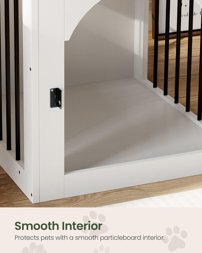 Dog Crate Furniture, Wooden Dog House with Charging Station and Storage Drawer, Indoor Pet Crate End Table for Small Breeds, for Living Room, Bedroom, White and Walnut MGW01UWL