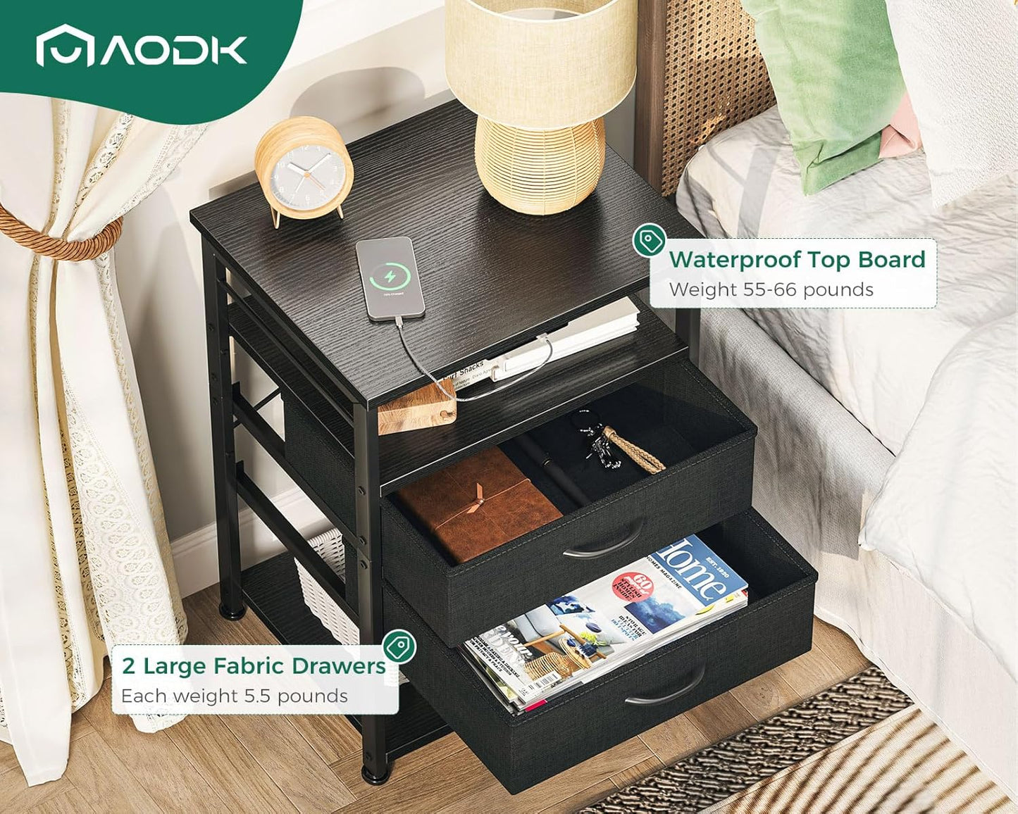 Night Stand with Charging Station, End Table for Bedroom Tall Nightstand with Drawers, Small Nightstand for Bedroom, 4 Tier Storage Bedside Table, Black