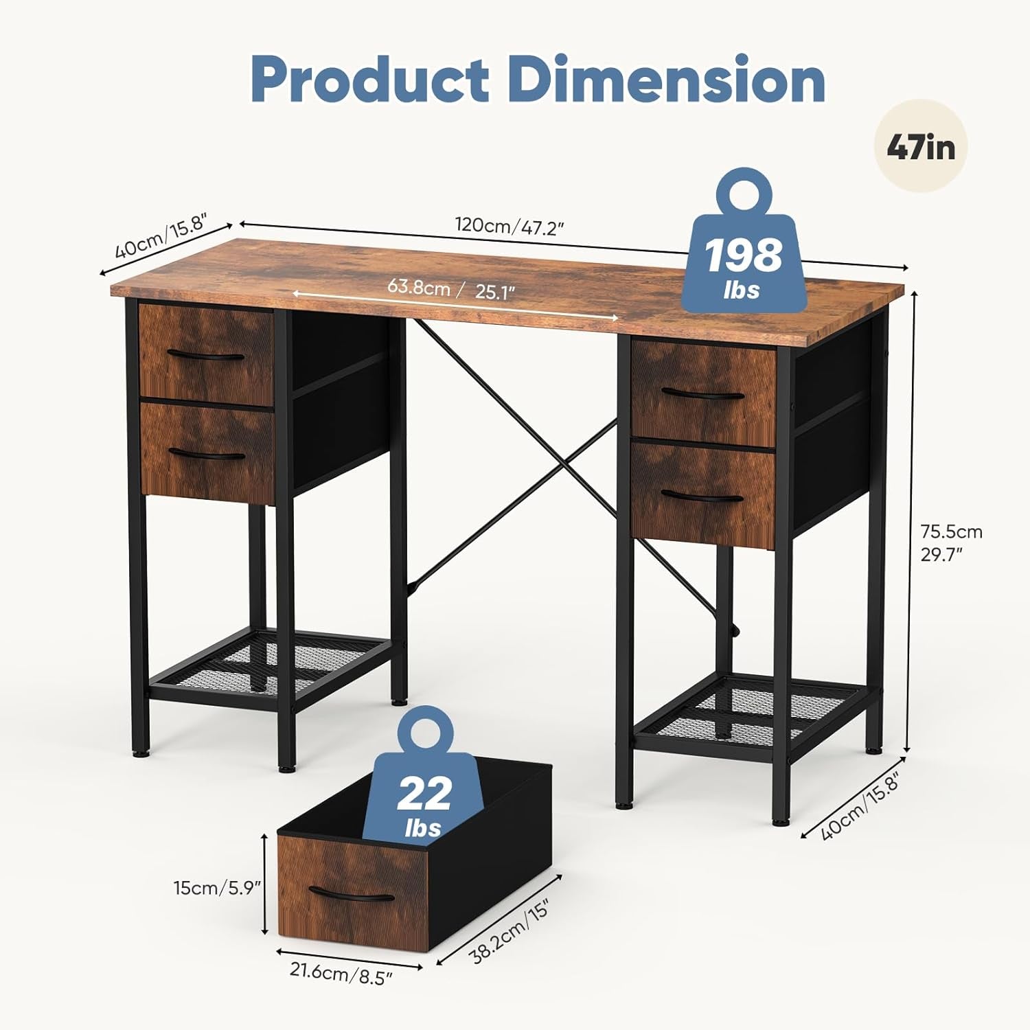 Computer Desk 47 Inch with 4 Drawers Home Office Table with Mesh Shelf for Work Study Writing Gaming Storage Furniture for Bedroom, Rustic Brown