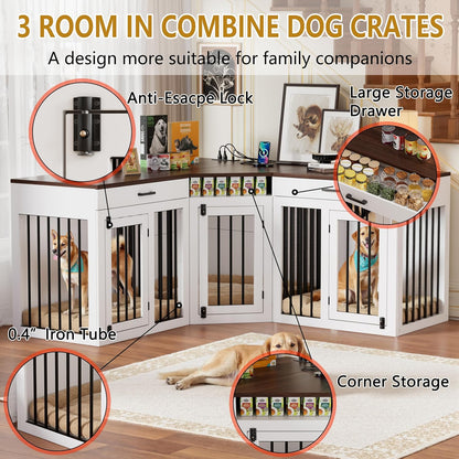 Extra Large Corner Dog Crate Furniture for 3 Dogs,3 in 1 Wooden Dog Crate Kennel with 2 Drawers,Divider,Power Outlet,Heavy Duty Double Dog Kennel Indoor for Small,Medium,Large Dogs,White ﻿
