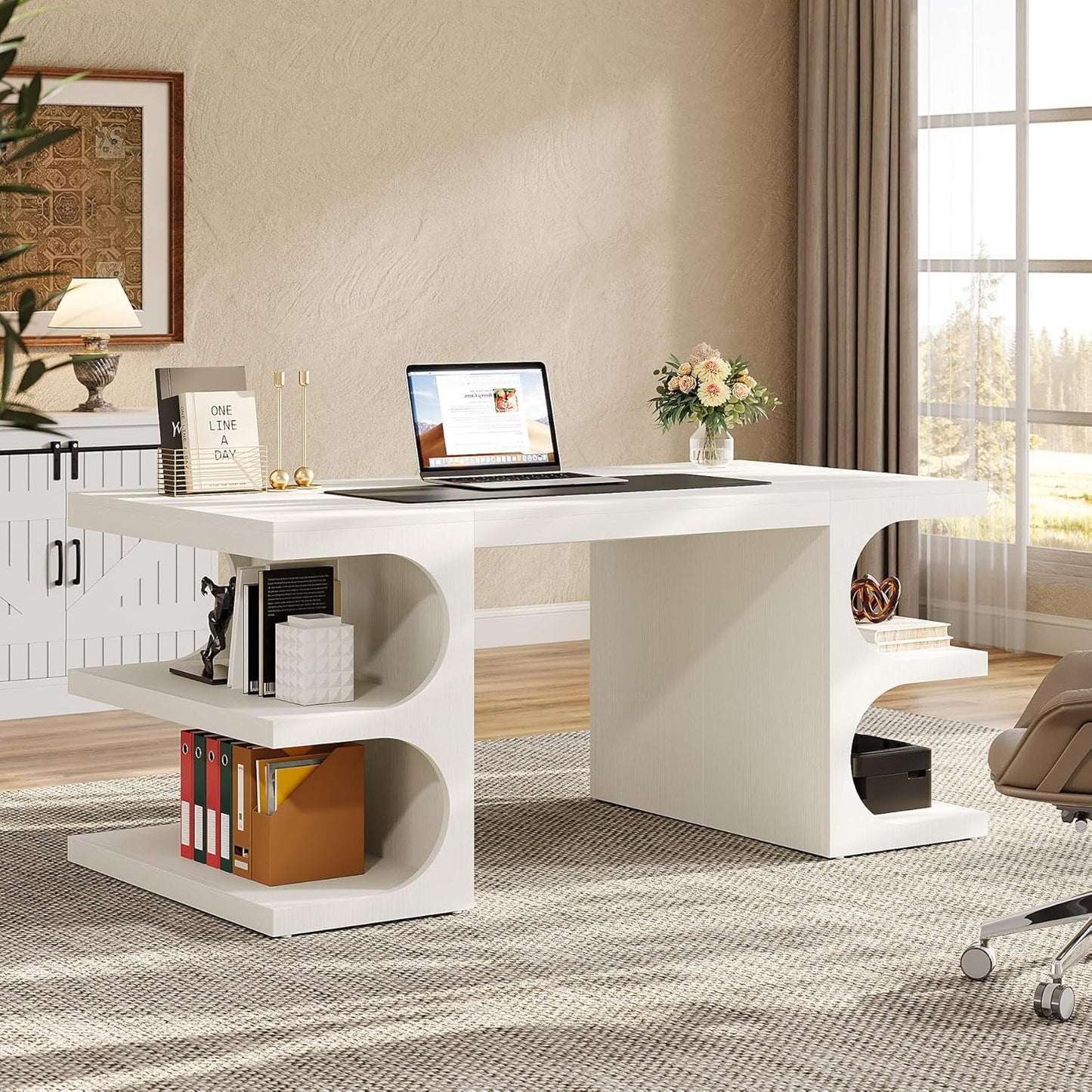 White Executive Office Desk, 63" Computer Desk with Storage Shelves, Modern Wood Study Writing Table, Large Workstation Business Furniture for Home Office (Table Only)