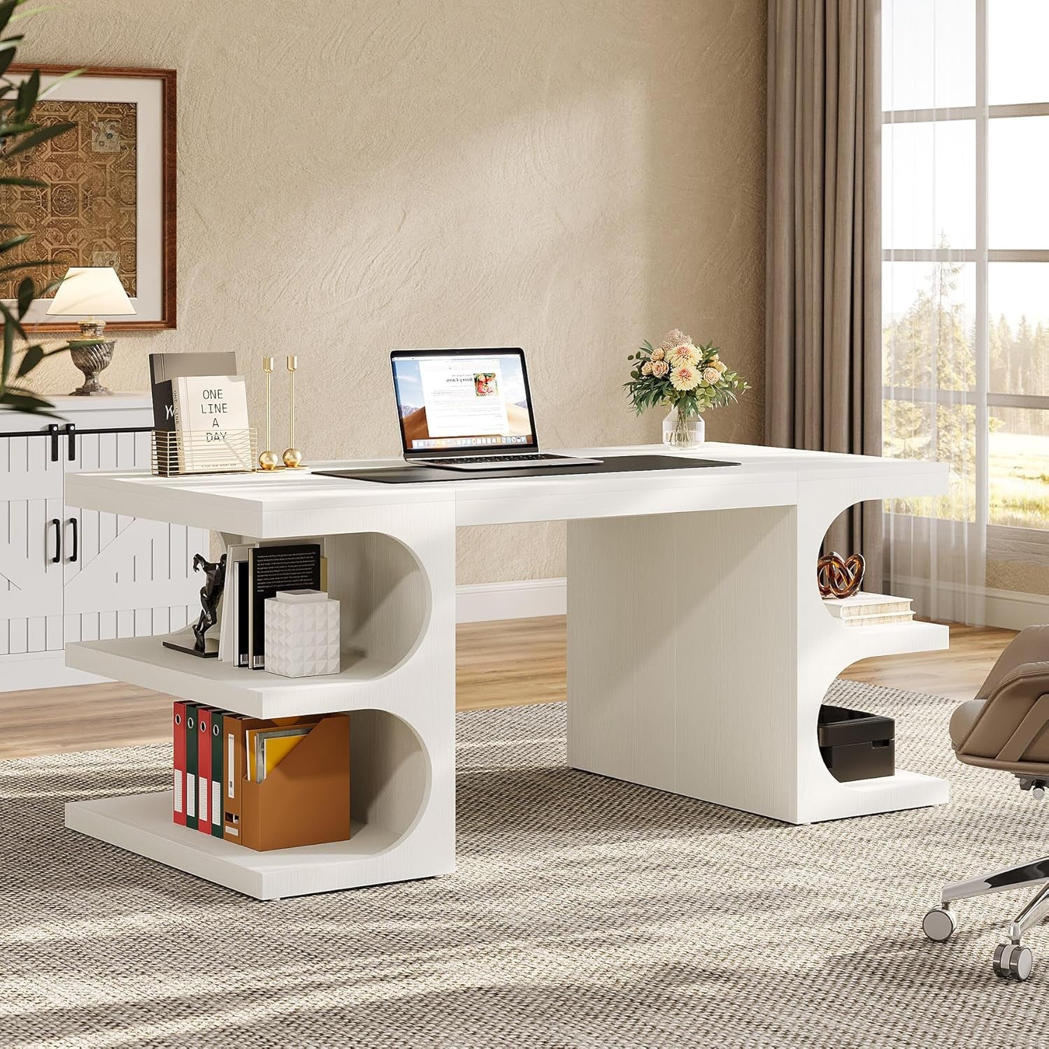 White Executive Office Desk, 63" Computer Desk with Storage Shelves, Modern Wood Study Writing Table, Large Workstation Business Furniture for Home Office (Table Only)