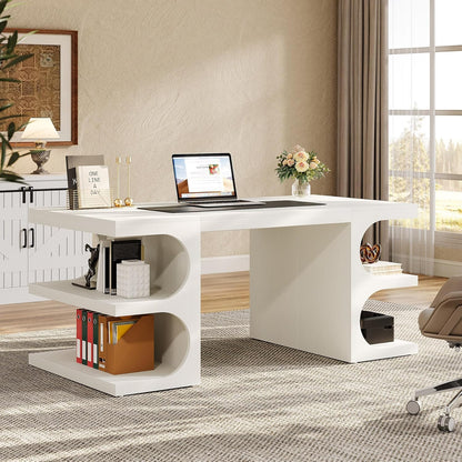 White Executive Office Desk, 63" Computer Desk with Storage Shelves, Modern Wood Study Writing Table, Large Workstation Business Furniture for Home Office (Table Only)