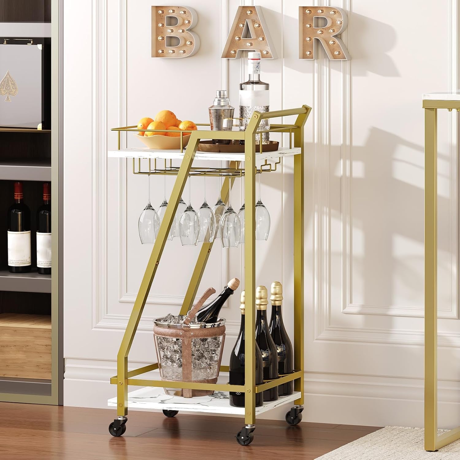 Bar Cart Gold, Home Bar Serving Cart, Kitchen Cart, Rolling Beverage Cart & Wine Rack and Glass Holder 2 Storage Shelves, Cocktail Cart for Home Dining Party, White and Gold DM27TC01
