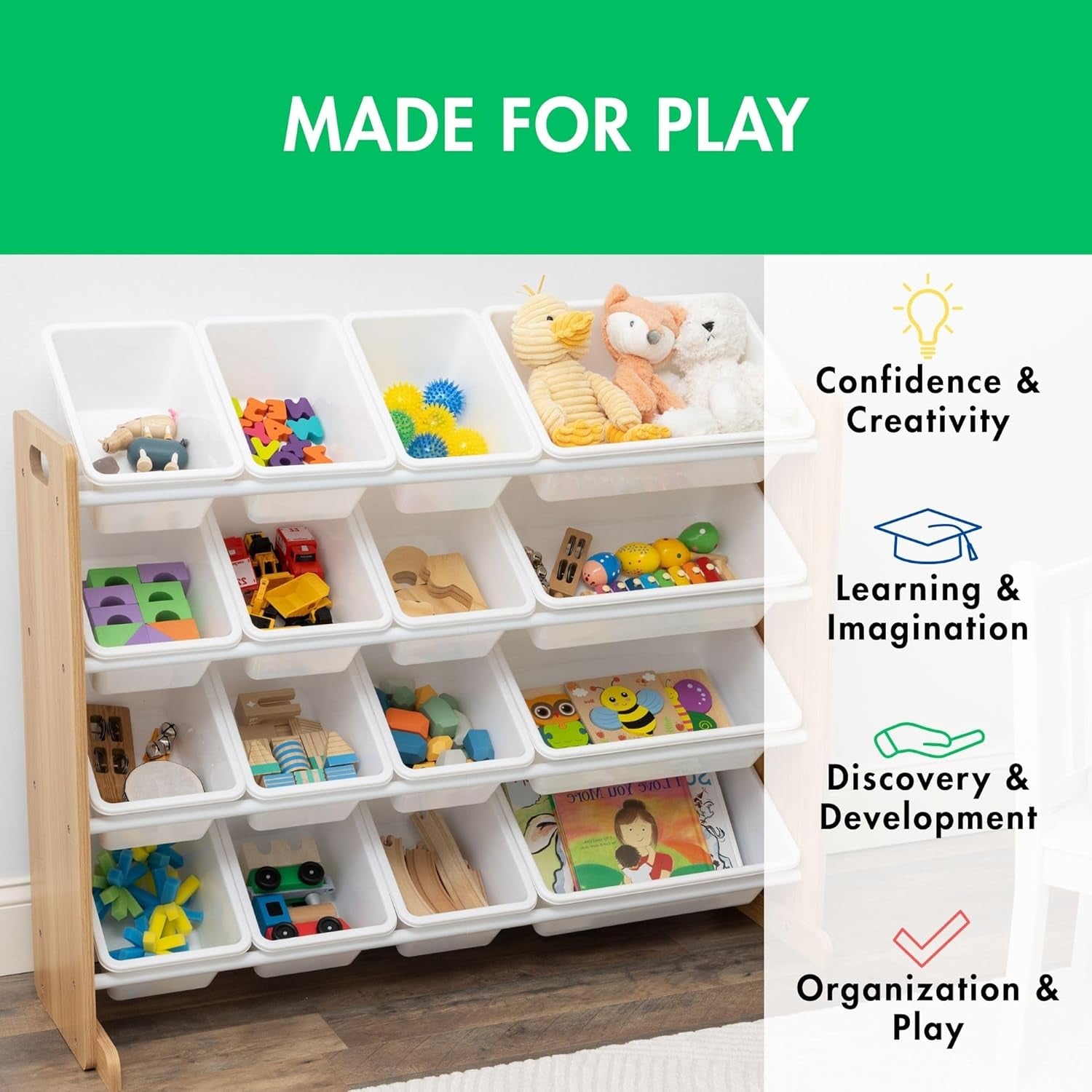 Supersized Toy Storage Organizer with 16 Removable Bins, Natural/White – Large Toy Storage for Toddlers Ideal for Kids' Rooms, Playrooms, and Nurseries - Modern Toy Bins for Kids
