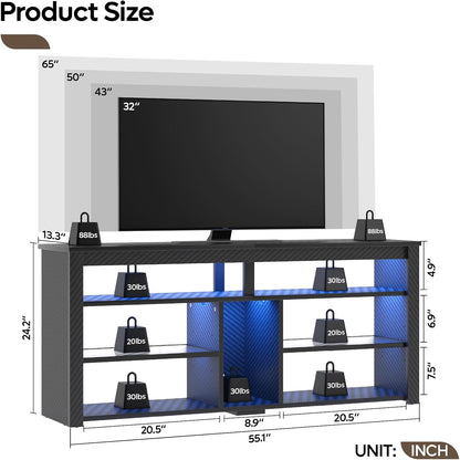LED Tall TV Stand, Entertainment Center for 55/60/65 Inch TV, Gaming TV Console with Storage for PS4, Adjustable Shelf TV Cabinet for Living Room Bedroom, Carbon Fiber Black