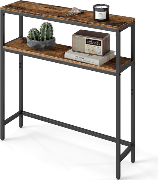 Console Table, 2-Tier Narrow Sofa Table with 2 Shelves, 7.9 X 31.5 X 31.5 Inches, for Living Room, Hallway, Entryway, Rustic Brown and Ink Black ULNT130K01V1