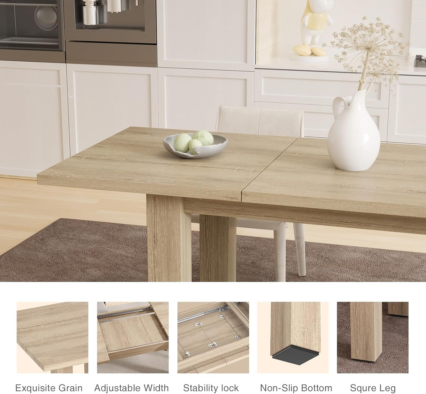 Extendable Dining Table for 6 8 10, 55'' to 78" Wood Kitchen Table Mid Century Modern Large Transformer Rectangle Dining Room Table Space Saving for Small Apartment Conference, Oak