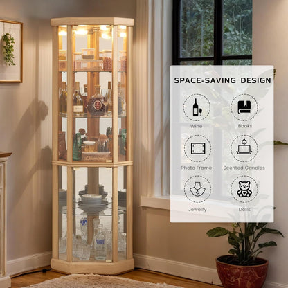 Corner Curio Cabinet, 70" H Lighted Glass Display Cage with Tempered Glass Doors and 5 Adjustable Shelves, Light Bulb Inclued, Wine Bar China Cabinet for Living Room (Light Oak)