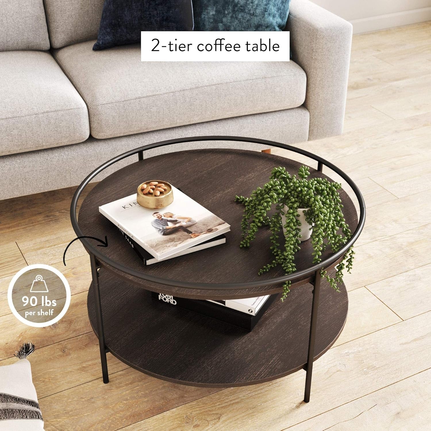 Paloma round Coffee Tea or Cocktail with Raised Tray Top Edge Tables, 2-Tier Minimalist Style Living Room, Dark Oak/Matte Black
