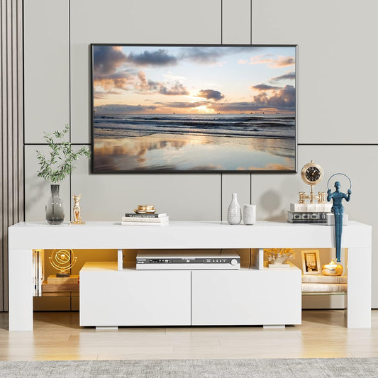 TV Stand with LED Lights, Modern Entertainment Center Media and Open Shelf Console Table Storage Desk with 1 Drawer and Remote Control 20 Color LED Lights up to 70 Inch TV (White)