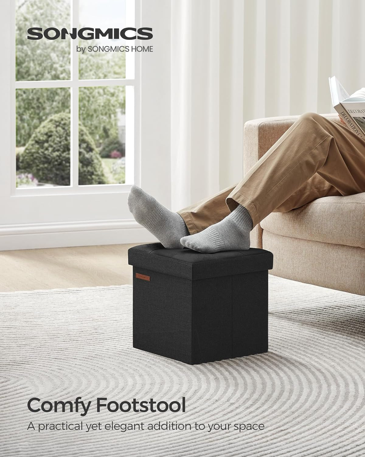 Storage Ottoman, Foldable Small Ottoman Foot Rest, 11.8 Inches Foot Stool, Cube Ottoman with Storage, Load up to 286 Lb, for Living Room, Bedroom, Dorm, Ink Black ULSF028B01