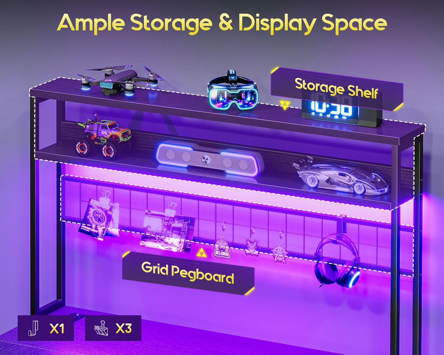 59 Inch L Shaped Desk with 4 Drawers, Gaming Desk with Led Lights & Power Outlets, Computer Desk with Pegboard & Keyboard Tray, Reverisble Home Office Desk with Storage Shelves & CPU Stand, Black