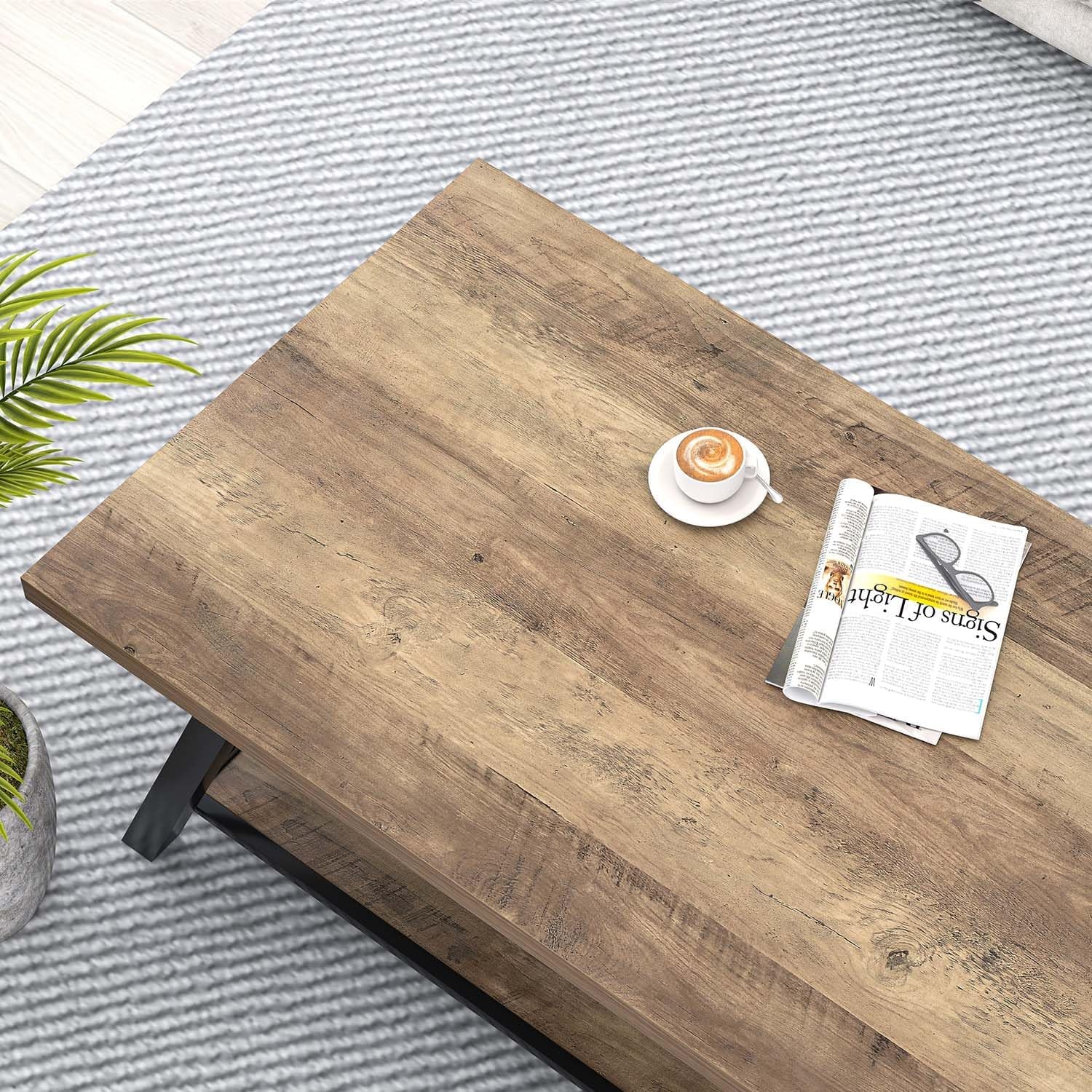 Modern Coffee Table, Rectangle Center Table for Living Room with Storage Shelf, Industrial Wood and Metal Cocktail Tea Table, Rustic Oak, 47 Inch