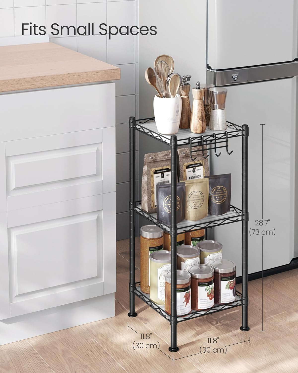 3-Tier Bathroom Shelf, Storage Rack for Small Space, with 3 PP Shelf Liners, Removable Hook, Extendable Design, Ink Black and Translucent ULGR103B01