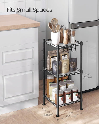 3-Tier Bathroom Shelf, Storage Rack for Small Space, with 3 PP Shelf Liners, Removable Hook, Extendable Design, Ink Black and Translucent ULGR103B01