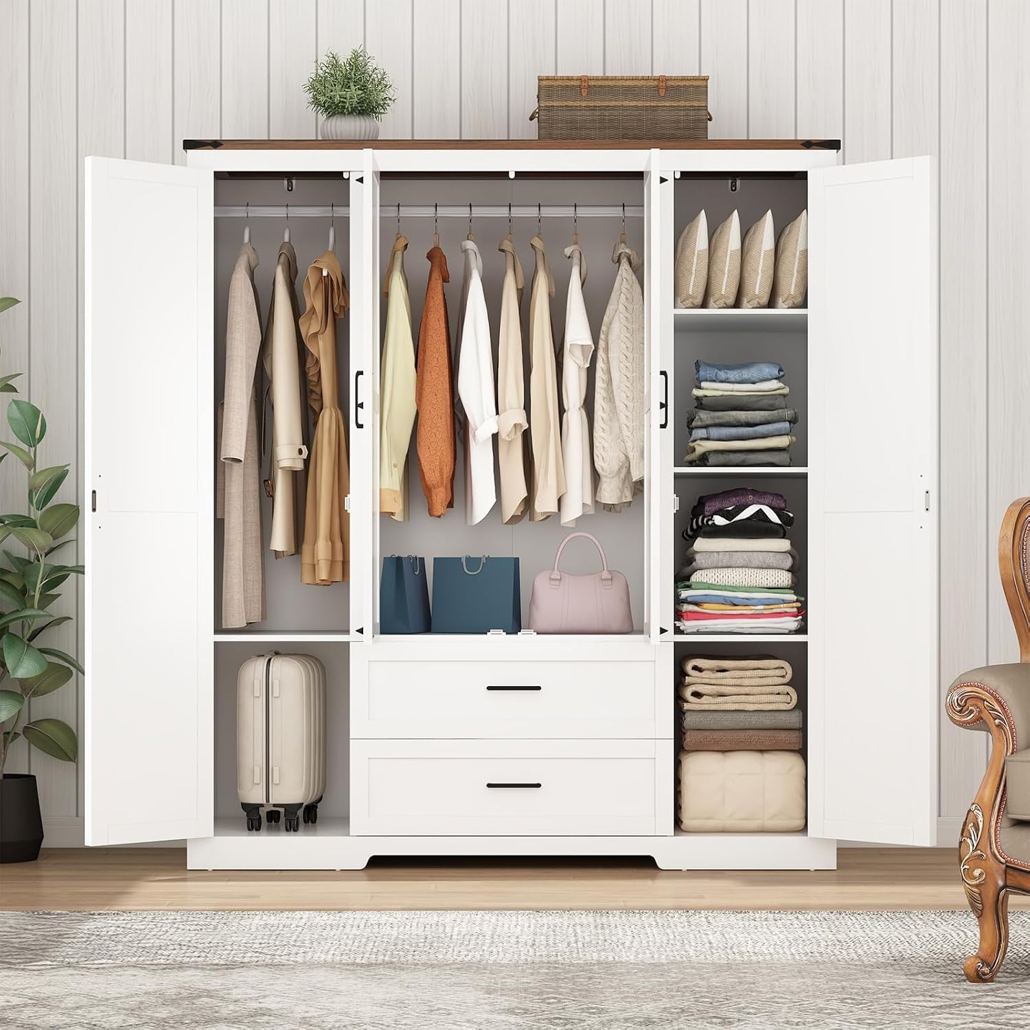 4 Doors Wardrobe Armoire Closet with Doors and Drawers, Farmhouse Wooden Armoire Storage Cabinet with Shelves & Hanging Rod for Bedroom, White