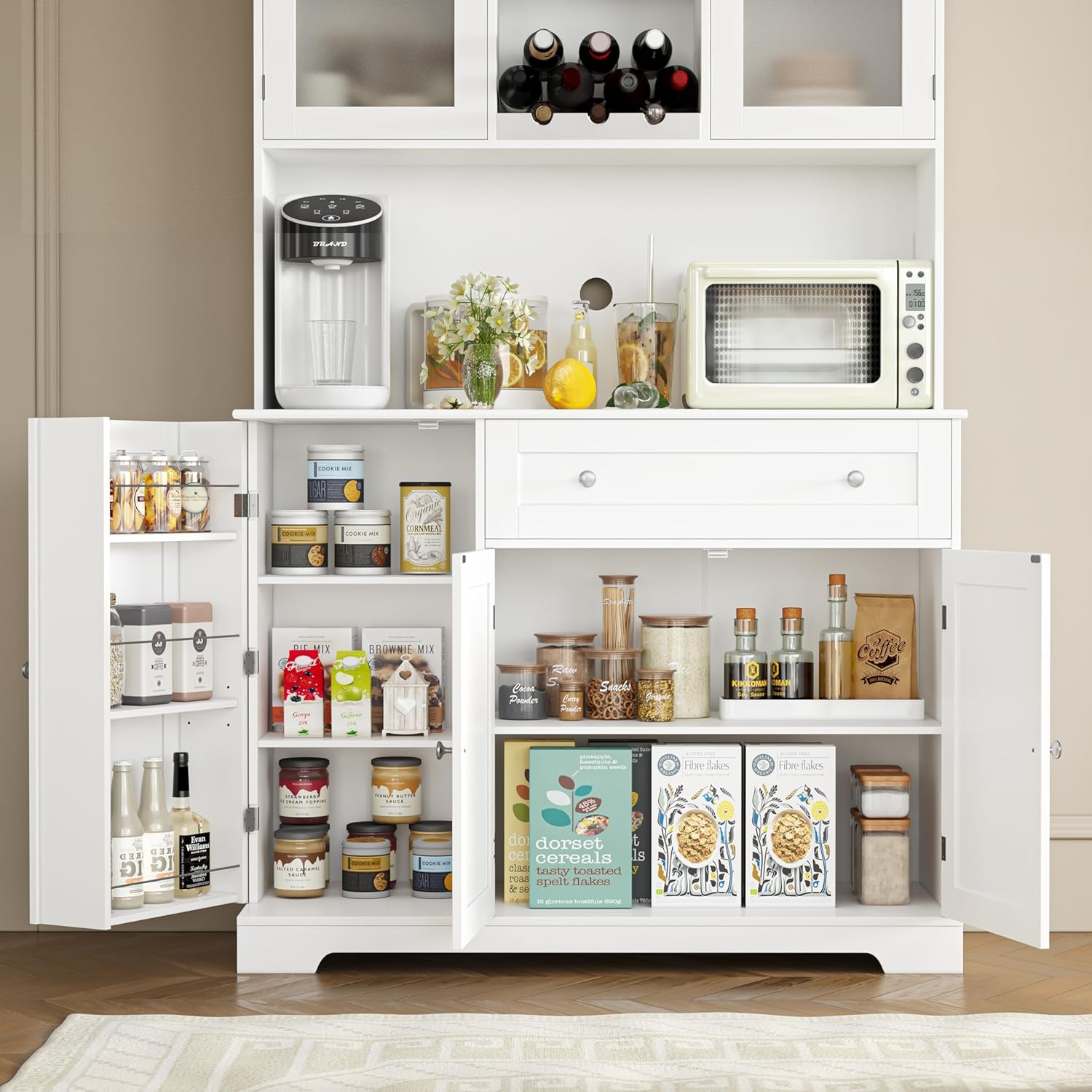 Kitchen Pantry Storage Cabinet, Modern Buffet Cabinet with Hutch, Tall Kitchen Hutch with Microwave Stand, Food Pantry with Doors and Shelves | Wine Rack for Dining Room, White