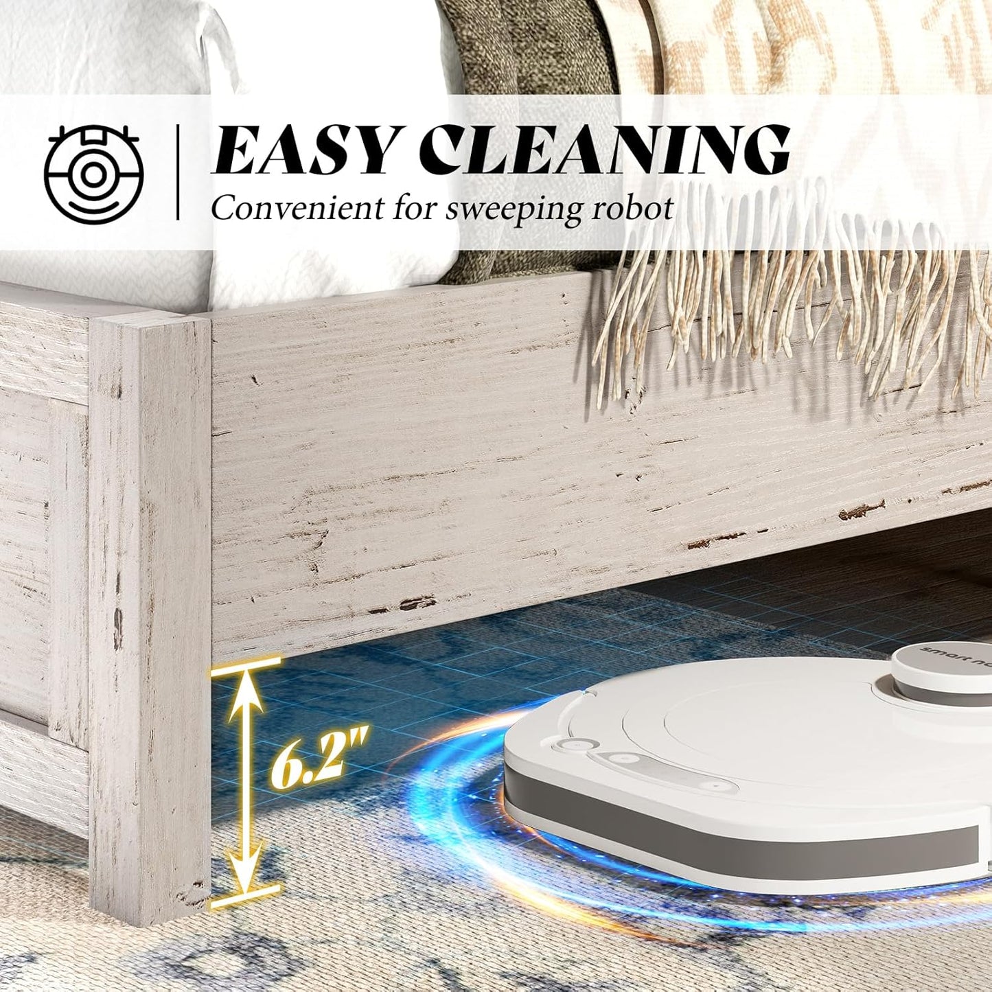 Farmhouse King Size Bed Frame with 49" Fluted Headboard, Wood Platform Bed with Natural Wood Grain, No Box Spring Needed/Noise Free, Distressed White