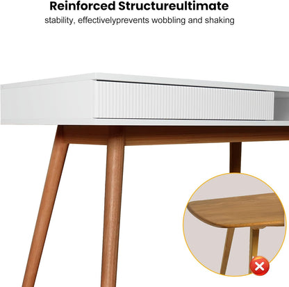 White Writing Desk with Drawers Mid Century Modern Desk, Wood Office Computer Desks for Small Space, White Desks with Walnut Legs