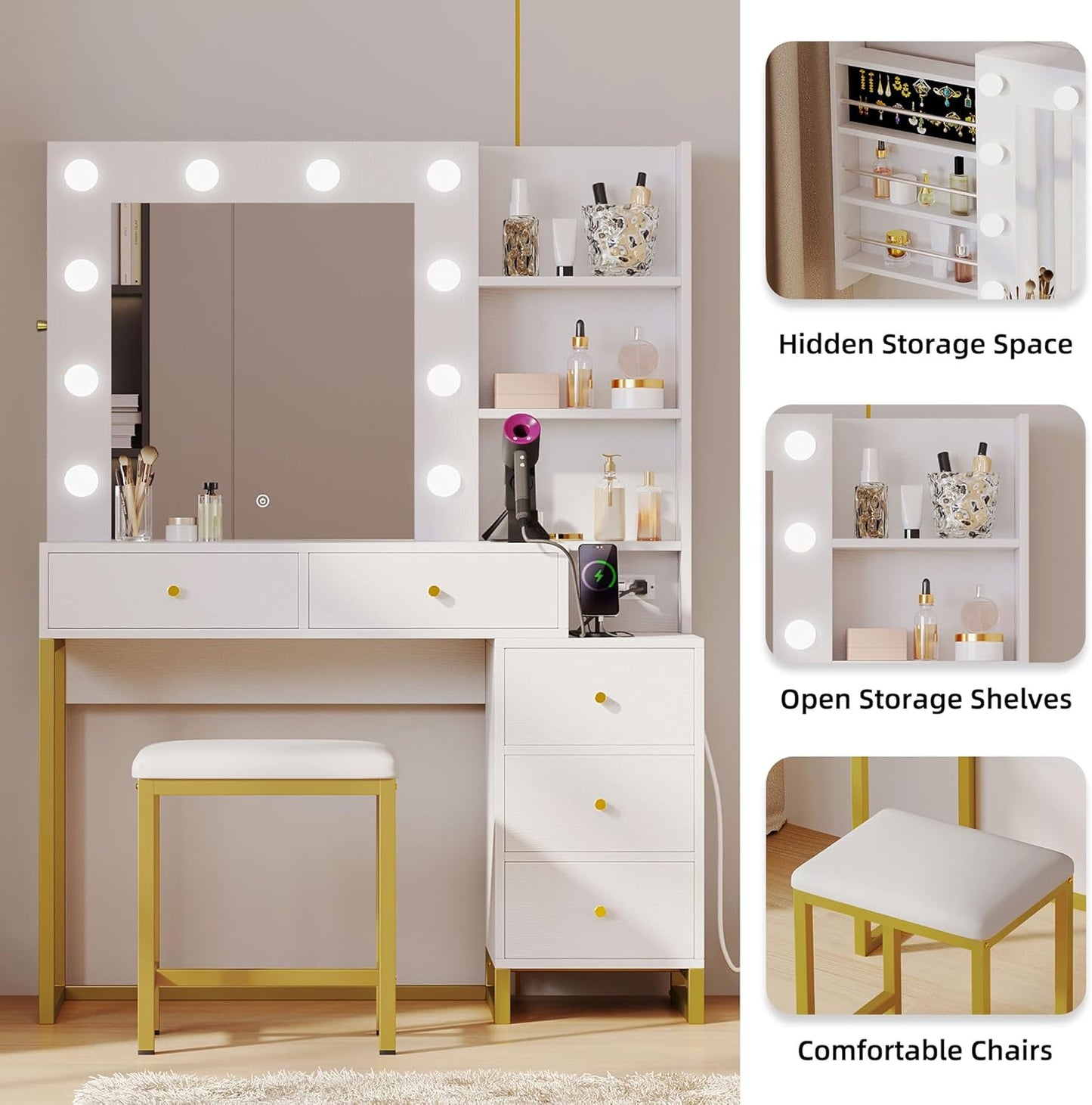 Makeup Vanity Desk with Mirror, LED Light and Power Outlet, Vanity Set with Hidden Jewelry Storage, 5 Drawers and Lots Shelves, Adjustable 3 Lighting Colors, Dressing Table with Stool, White