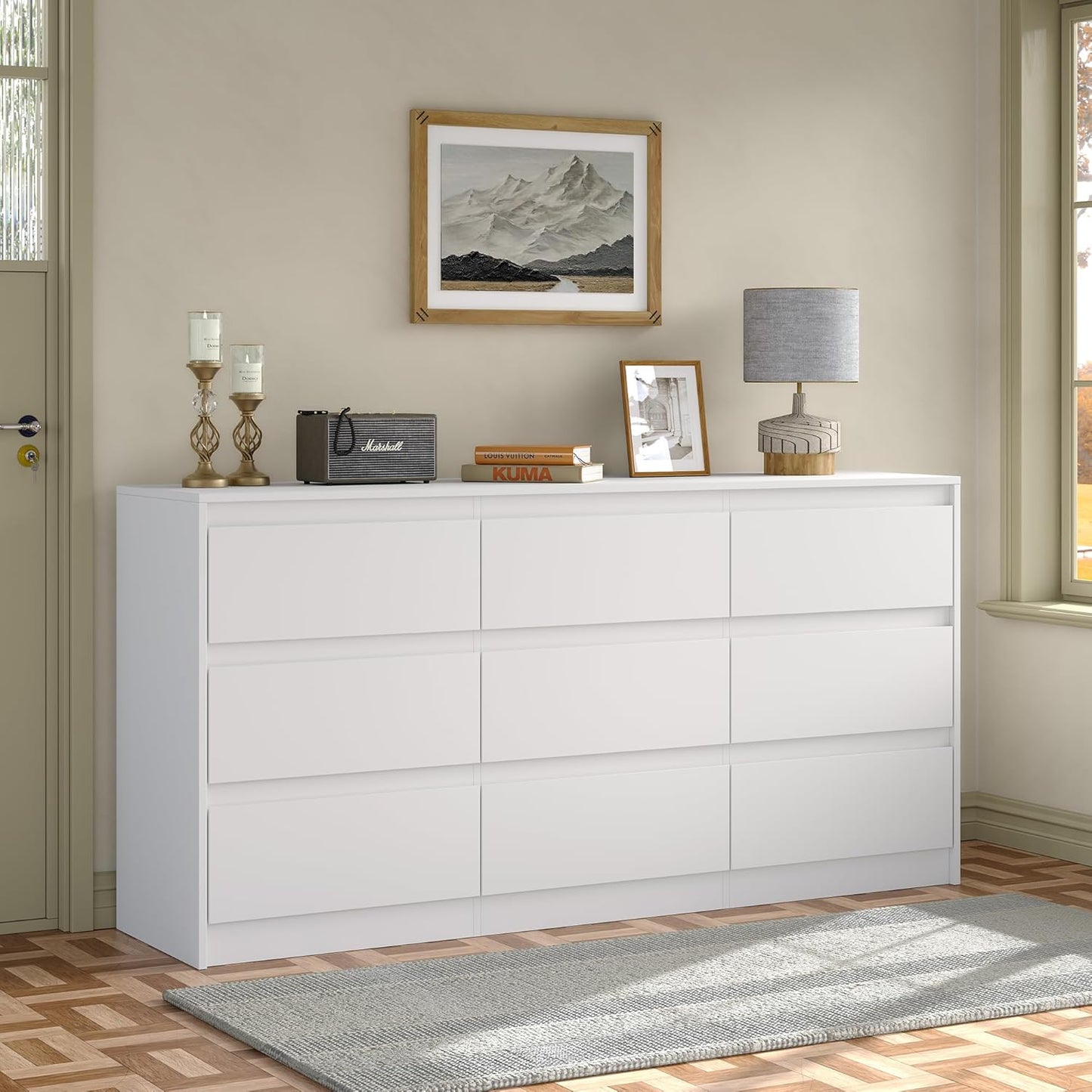 Modern 9 Large Storage Drawers Dresser for Clothes Organizer, White Modern Chest of Drawers for Closet,63" Long Drawer Organizer Cabinet for Bedroom,Living Room,Entryway,Hallway