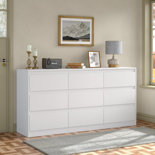 Modern 9 Large Storage Drawers Dresser for Clothes Organizer, White Modern Chest of Drawers for Closet,63" Long Drawer Organizer Cabinet for Bedroom,Living Room,Entryway,Hallway