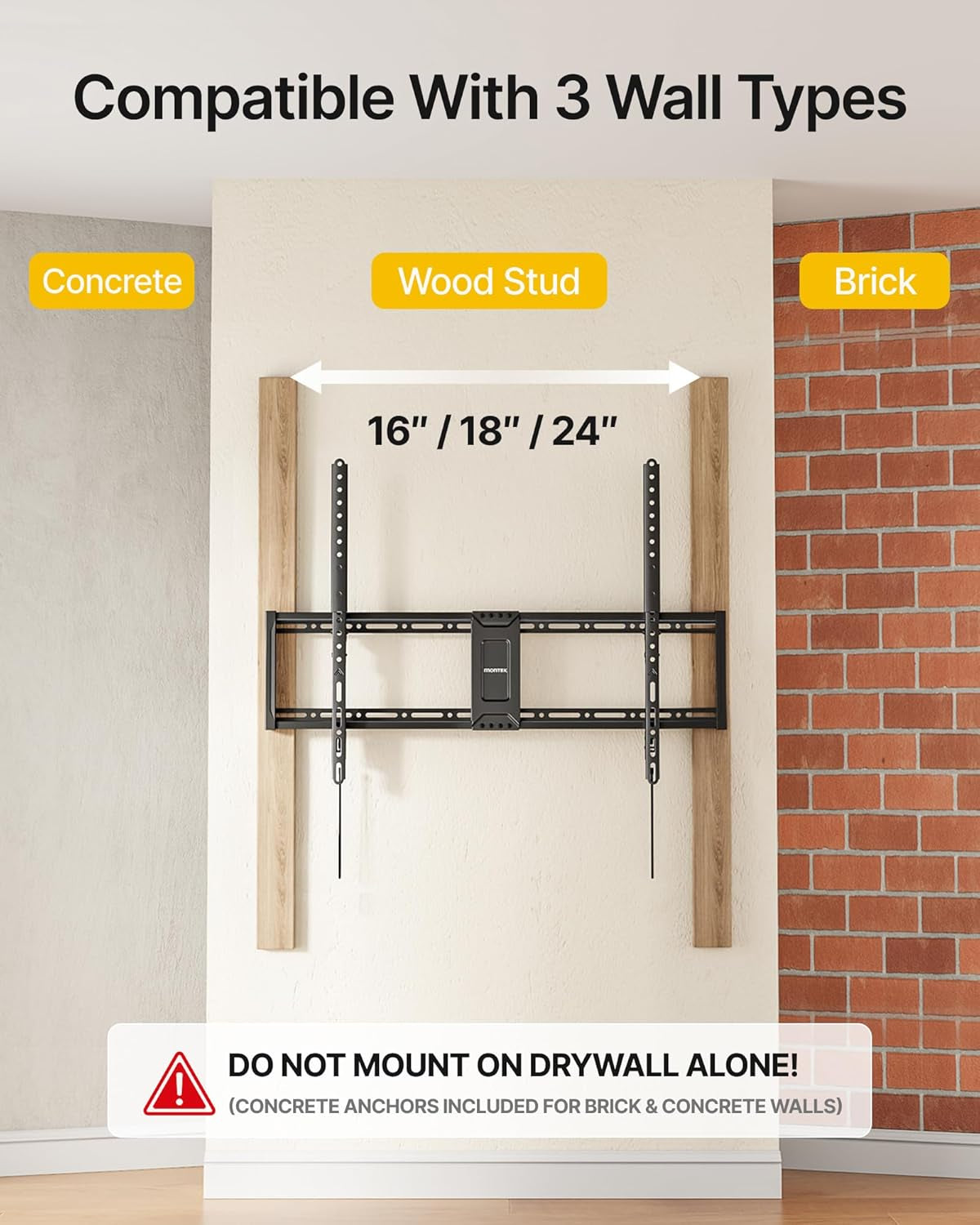 Heavy Duty Tilt TV Wall Mount for 43–100" Large Flat & Curved Tvs, Holds 200 Lbs, Ultra Slim Low Profile Bracket with 8° Tilt, Fits 16"/18"/24" Wood Studs, Max VESA 800X600, 4× Load Tested