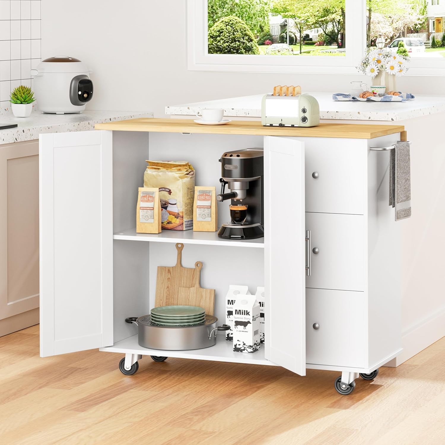 Kitchen Island with Folding Drop Leaf, Rolling Island Table with Storage, Kitchen Cabinet on Wheels with Seating Area for Kitchen, Bar Cart with Cabinet, White