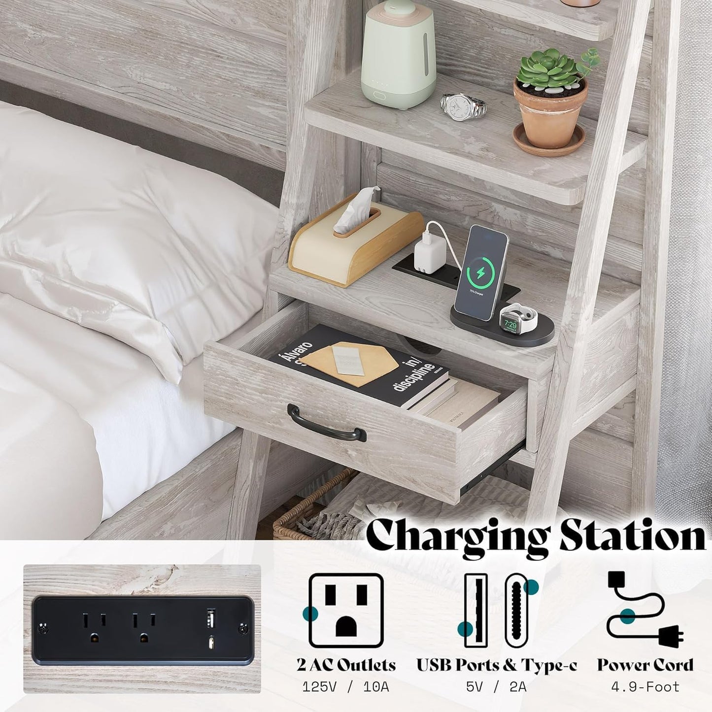 Queen Bed Frame with Bookcase Headboard & 4-Tier Bedside Shelf, Farmhouse Platform Bed with Charging Station and 2 Drawers, Noise-Free