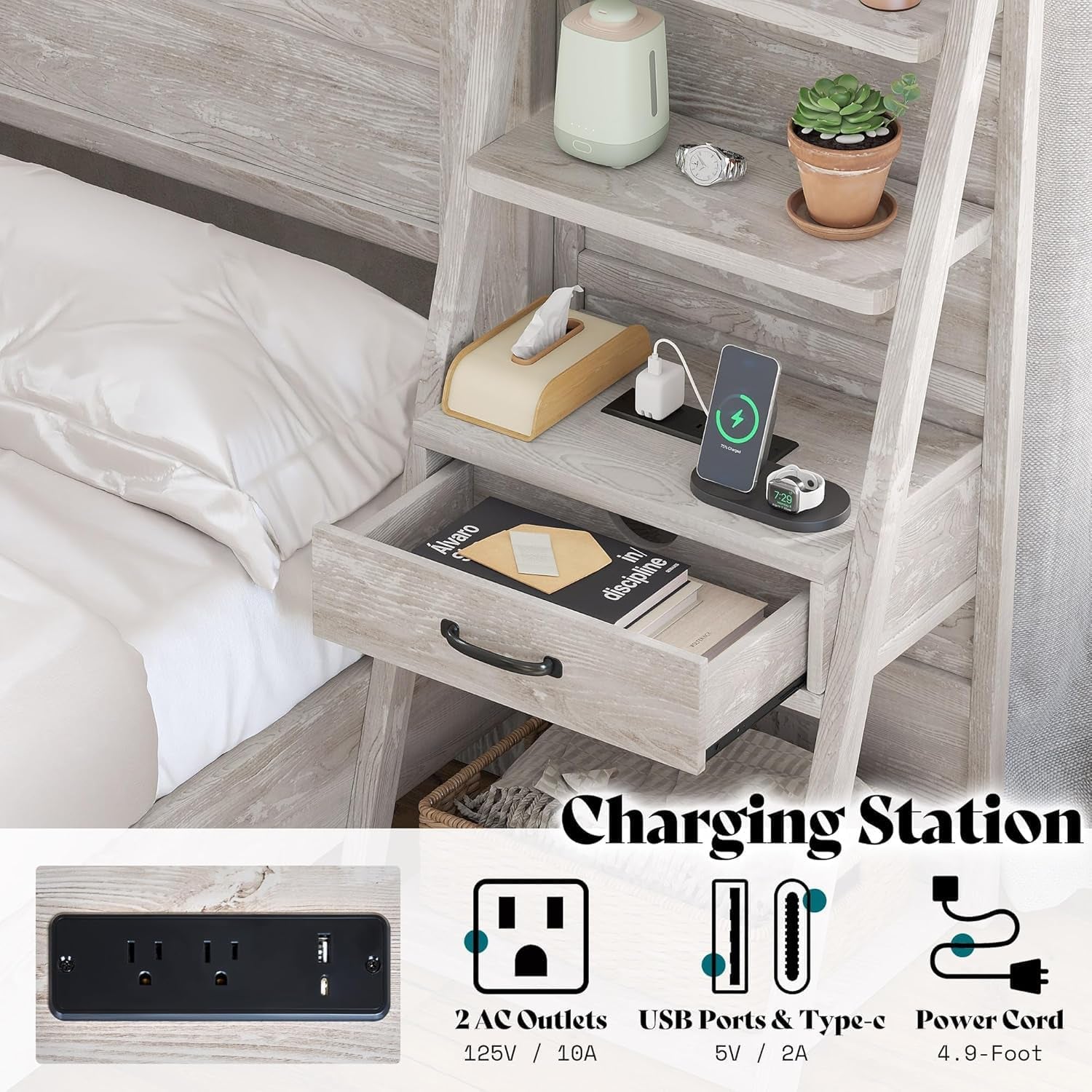 Queen Bed Frame with Bookcase Headboard & 4-Tier Bedside Shelf, Farmhouse Platform Bed with Charging Station and 2 Drawers, Noise-Free