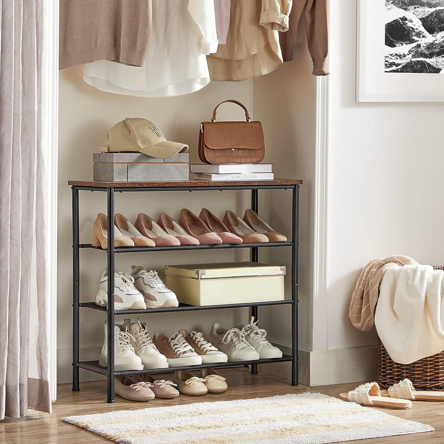 Shoe Rack, 4-Tier Shoe Storage Organizer for Entryway and Closet, Holds 9-12 Pairs of Shoes, 3 Fabric Shelves, Steel Frame, Industrial, Rustic Brown and Black ULBS035B01