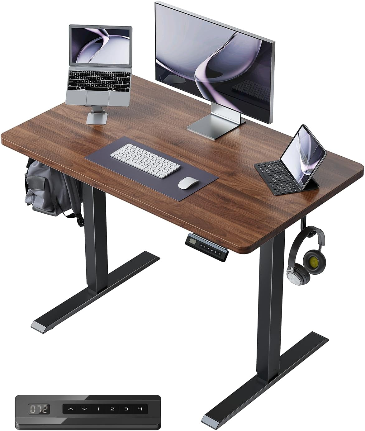 32 X 20 Small One-Piece Standing Desk, Adjustable Height Electric Computer Home Office Sit Stand up Workstation, with 4 Memory Presets, Headphone Hook, Black Walnut