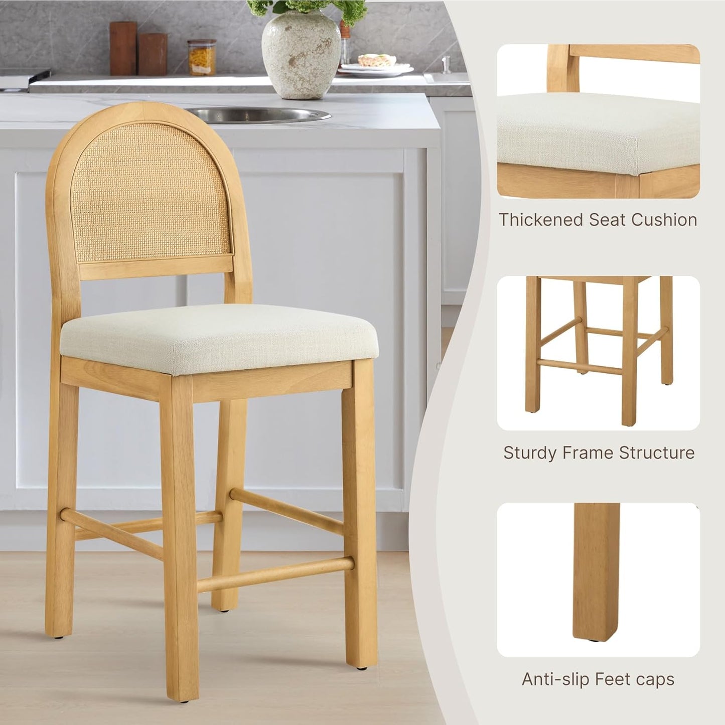 Rattan Counter Height Bar Stools Set of 3, Upholstered Farmhouse Barstools with Natural Rattan Back, Wooden Legs for Kitchen Island, Natural/Linen