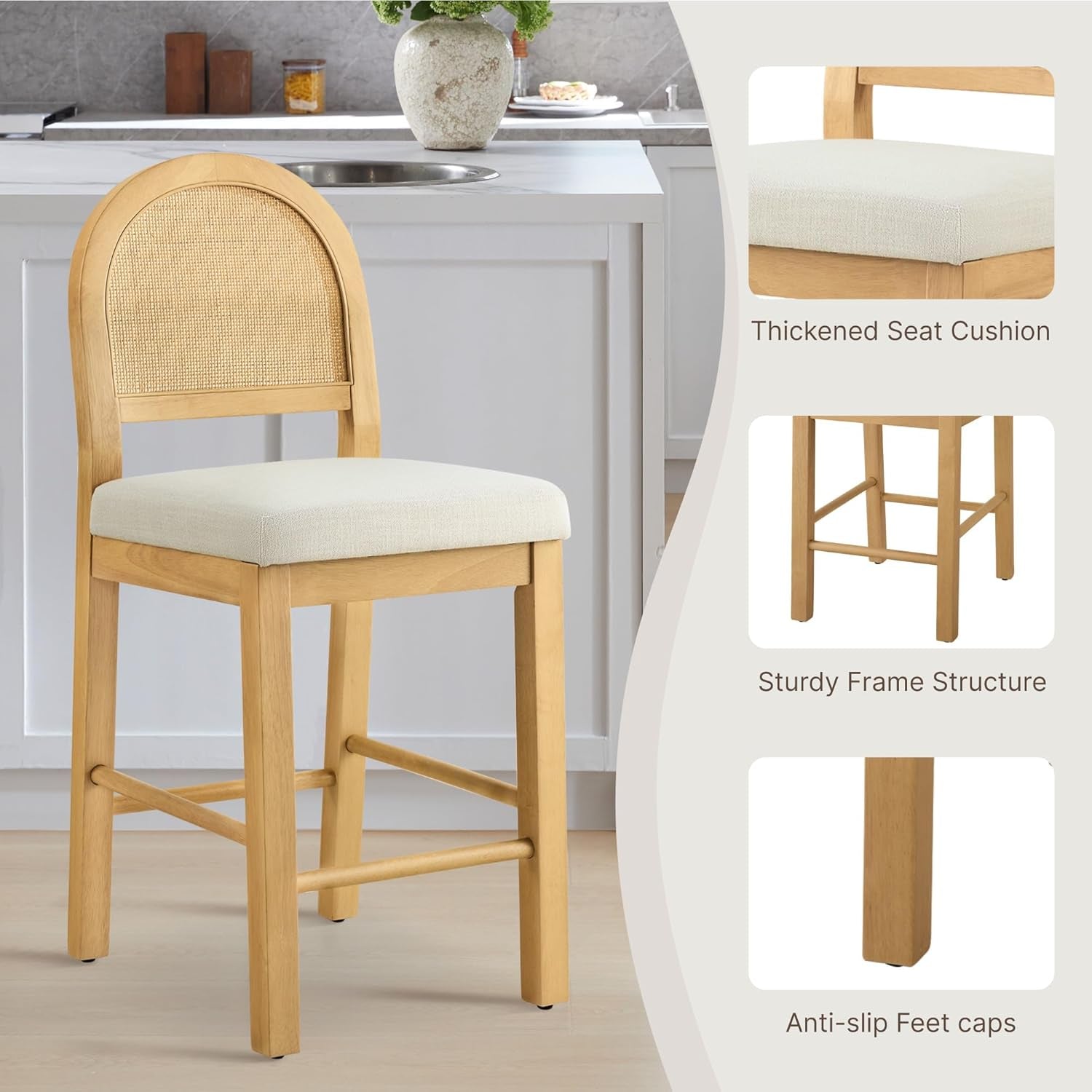 Rattan Counter Height Bar Stools Set of 3, Upholstered Farmhouse Barstools with Natural Rattan Back, Wooden Legs for Kitchen Island, Natural/Linen