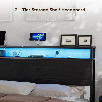 King Size Storage Headboard with LED Lights & Charging Station - Industrial Metal and Wood King Headboard Only for Bedroom, Attach Frame, Easy Assembly - Black