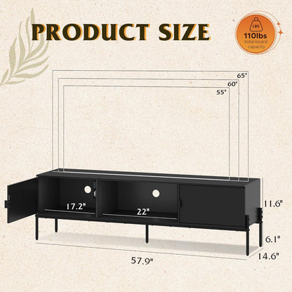 TV Stand for 65 Inch TV, Mid Century Modern Entainment Center with 2 Storage Cabinets & Open Shelf, TV Console Table Media with Metal Legs for Living Room, Bedroom, Black