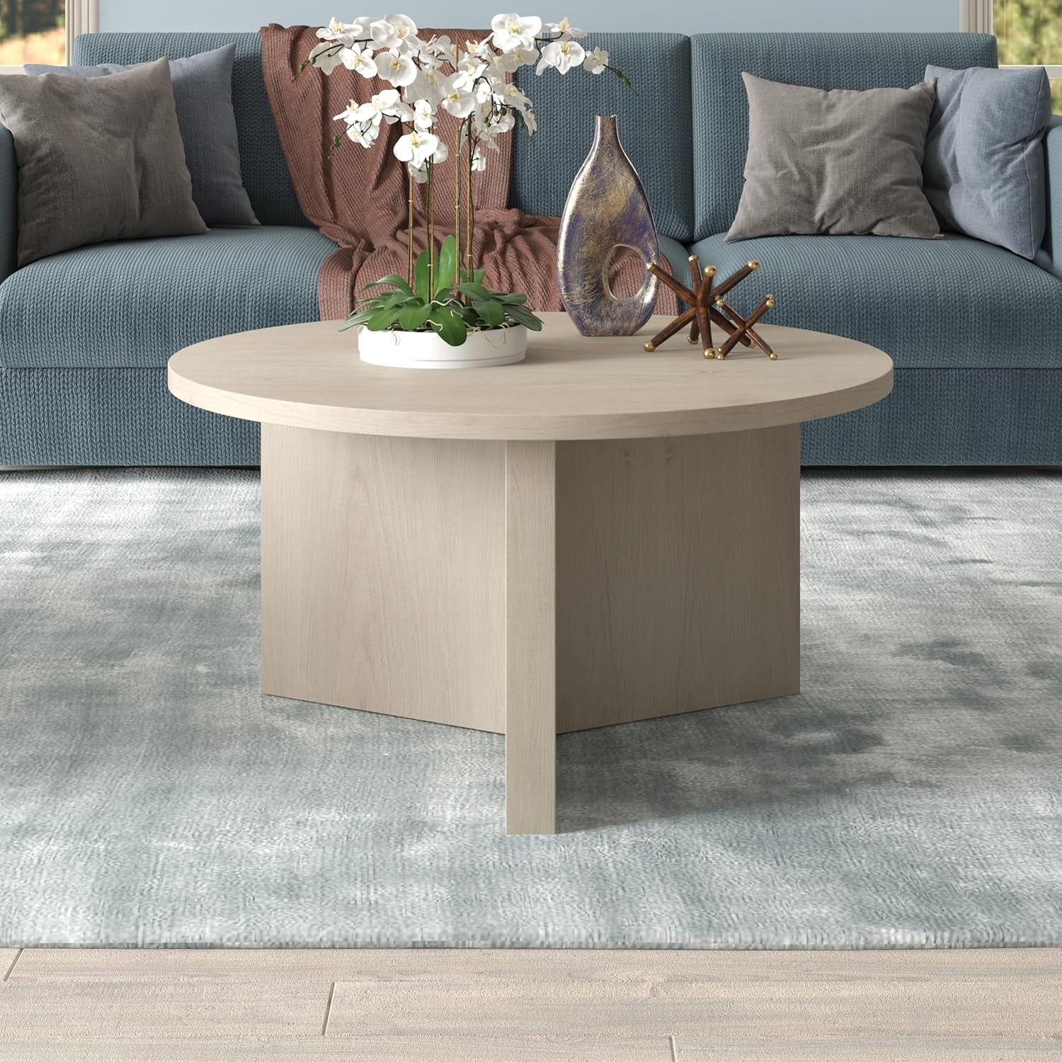 32" round Wood Pedestal Coffee Table for Living Room, Family Room, Office, or Apartment, Alder White