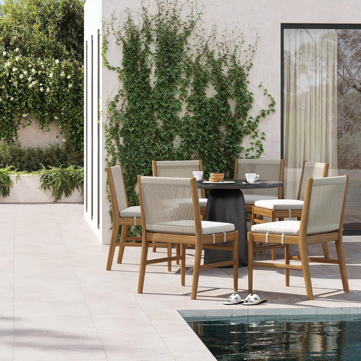 Kayden Outdoor Dining Chair with Cushion, Porch Chair with Solid Wood Acacia Wood Frame, Foam Cushion and Woven Rope Backrest, Set of 6