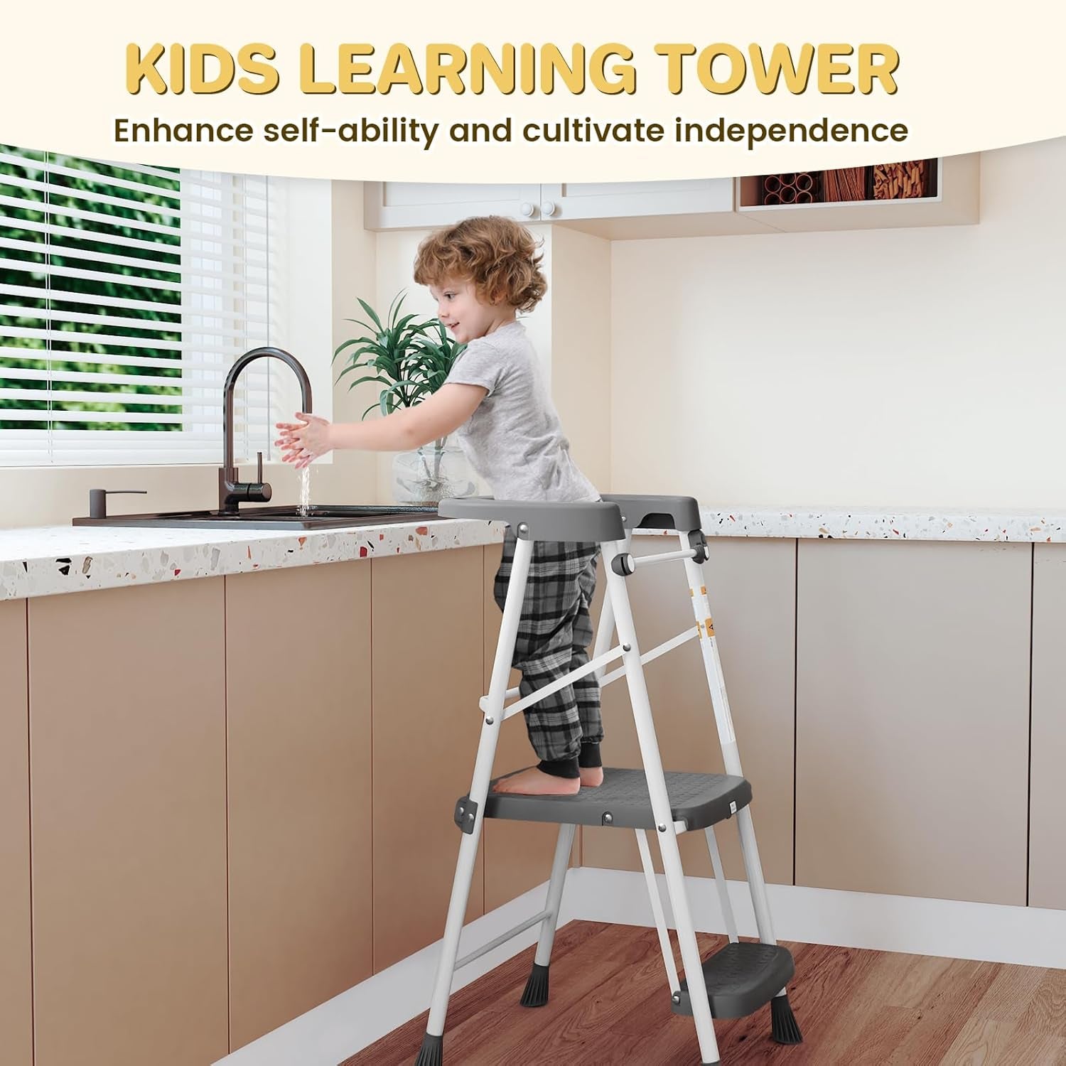 Kids 2 Steps Step Stool, Toddler Tower for Kitchen Counter Learning, Toddler Kitchen Stool Helper with Anti-Drop Safty Railing Kids Standing Folding Stepper
