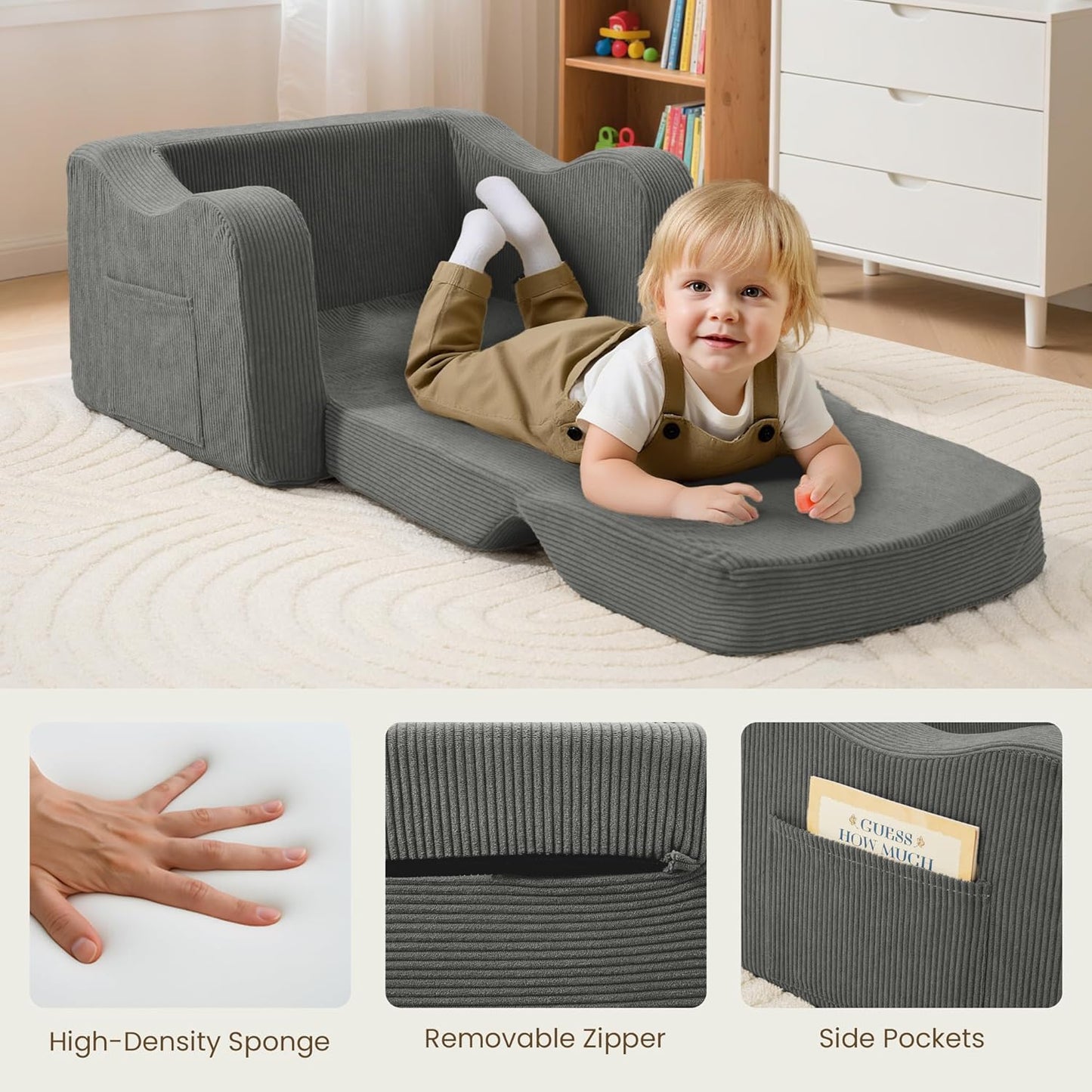 Comfy Toddler Chair for Kids, 2-In-1 Toddler Soft Plush Couch Fold Out, Convertible Kids Couch to Lounger, Baby Sofa for Boys and Girls,Grey