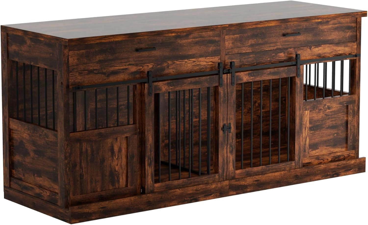 Large Dog Crate Furniture for 2 Dogs 71 Inches Decorative Indoor Dog Kennel Furniture with 2 Drawers XXL Heavy Duty Dog Crates Cage Furniture with Removable Divider and Sliding Doors Brown