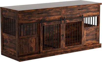71 Inches Extra Large Dog Crate Furniture Indoor Wooden Dog Kennel Furniture Heavy Duty Dog Crates TV Stand with Removable Divider for 2 Large Medium Small Dogs Black