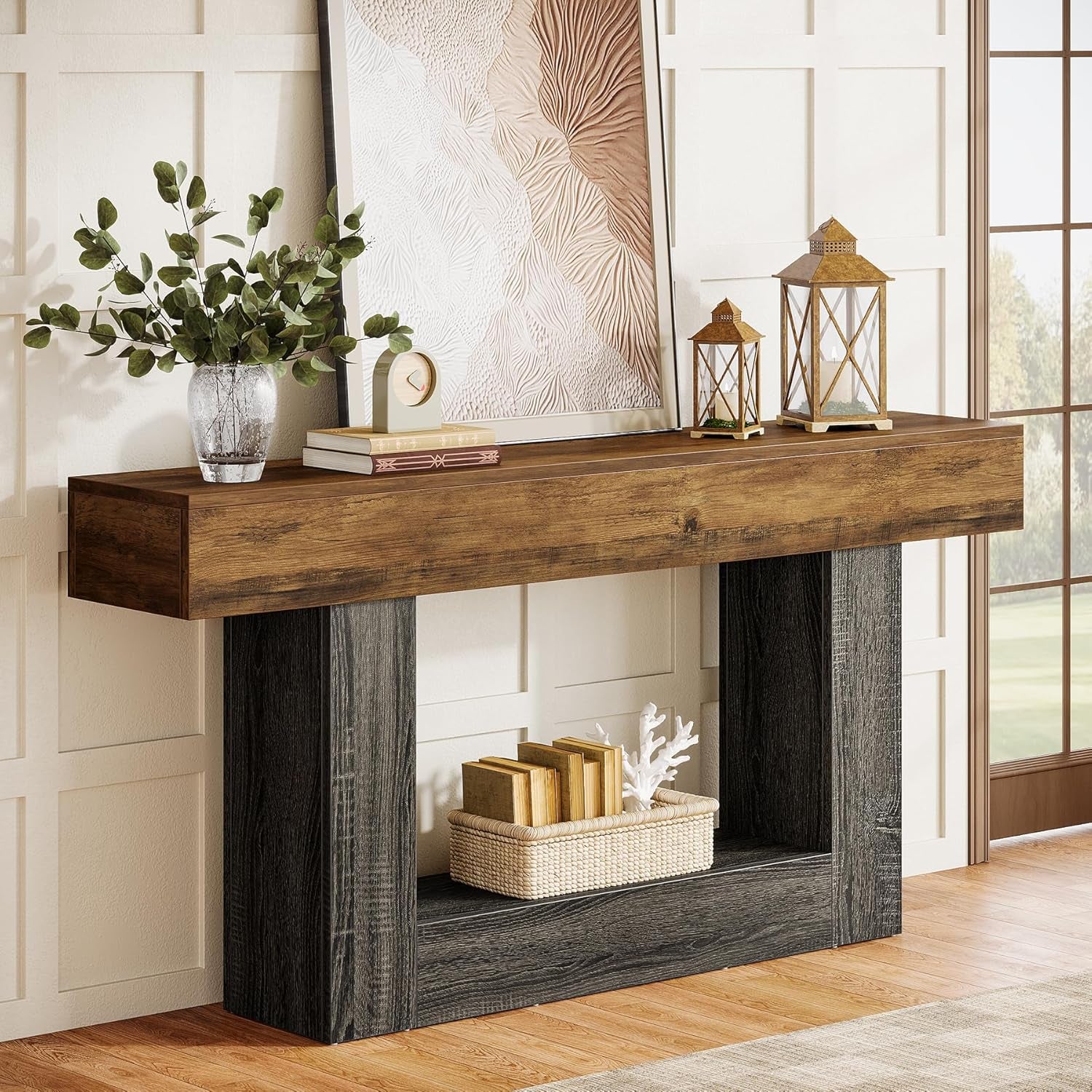 63-Inch Long Console Table, 2-Tier Entryway Table Sofa Table with Storage, Farmhouse Wood behind Couch Tables for Living Room, Hallway, Rustic Brown & Gray