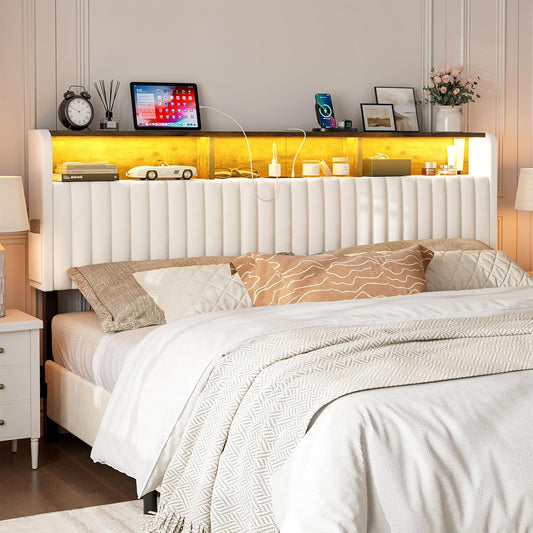 Upholstered California King Headboard with Storage, Adjustable Height, Velvet Cal King Head Board Only with LED Lights & Charging Station, Bed Frame Brackets Adapter, Easy Assembly, White