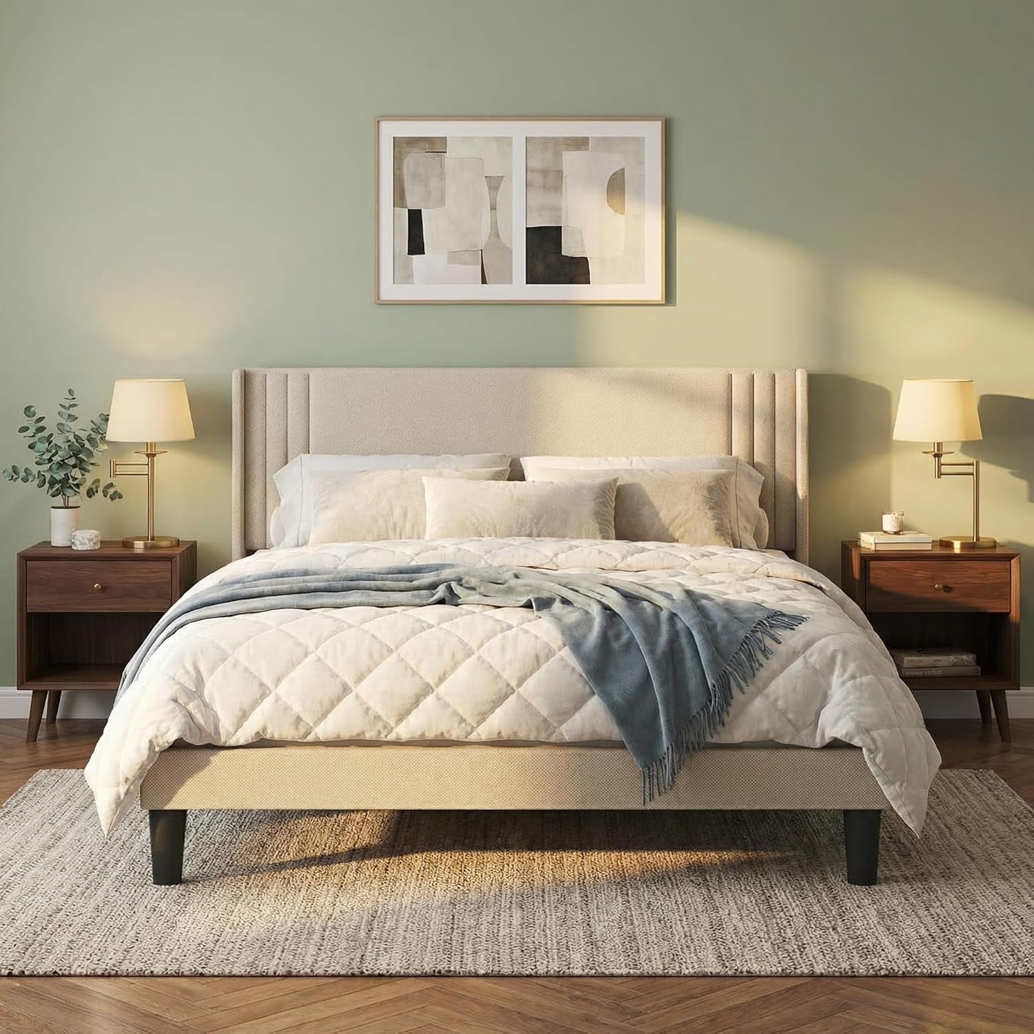 Queen Bed Frame with Wingback Headboard, Upholstered Platform Bed, Wooden Slats, Noise-Free, No Box Spring Needed, Easy Assembly