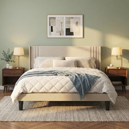 Queen Bed Frame with Wingback Headboard, Upholstered Platform Bed, Wooden Slats, Noise-Free, No Box Spring Needed, Easy Assembly