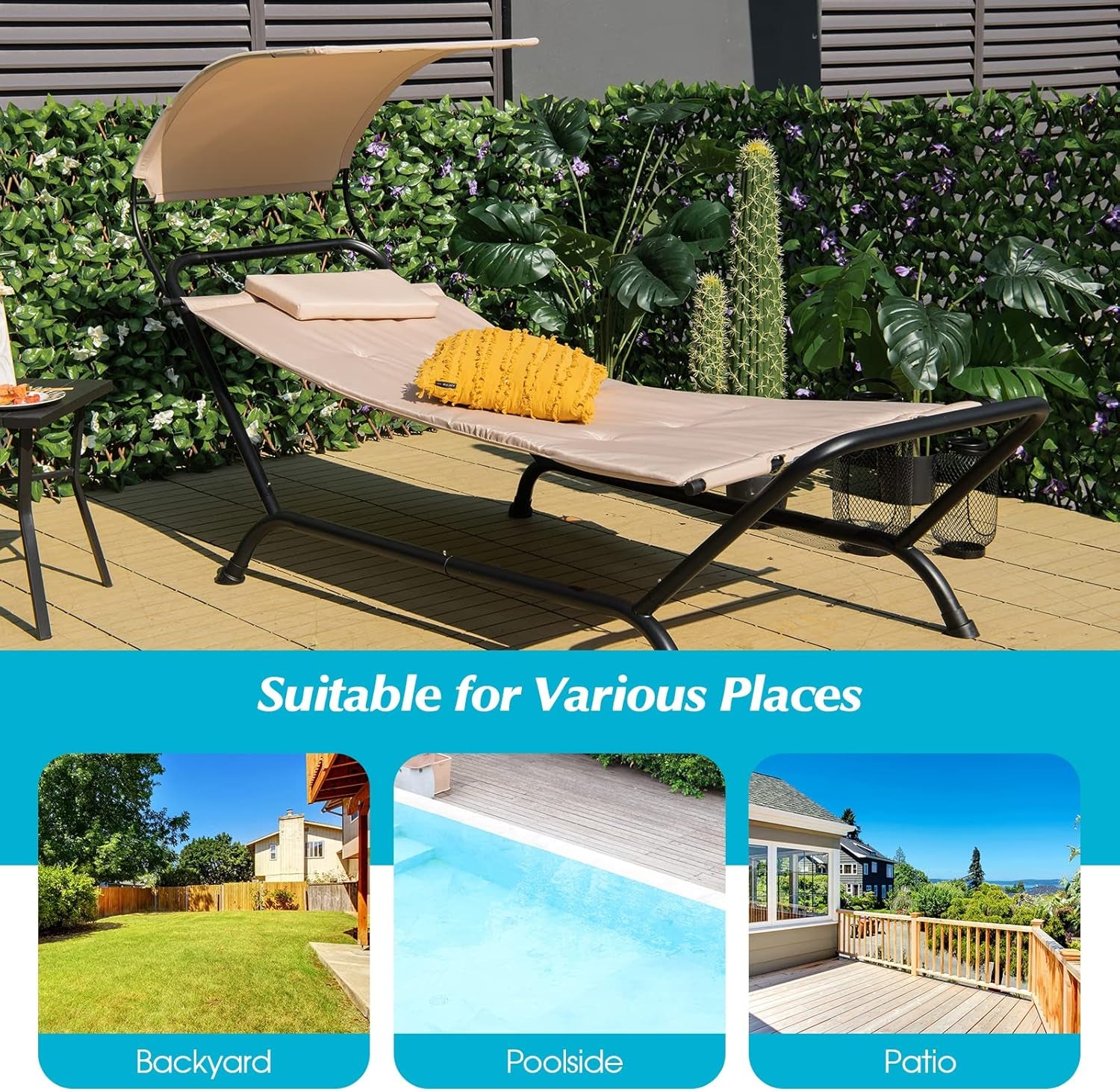 Hanging Hammock with Stand, Patio Hanging Chaise Lounge Chair W/Canopy, Cushion, Pillow & Storage Bag, Heavy Duty Swing Hammock Bed for Garden Lawn Backyard Patio Poolside Porch (Beige)